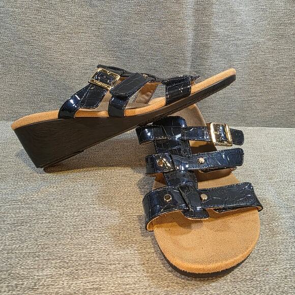 Vionic Radia Croc Slide Sandals Navy Blue Pearl Patent Leather US Size 8 Adjust - Picture 1 of 5